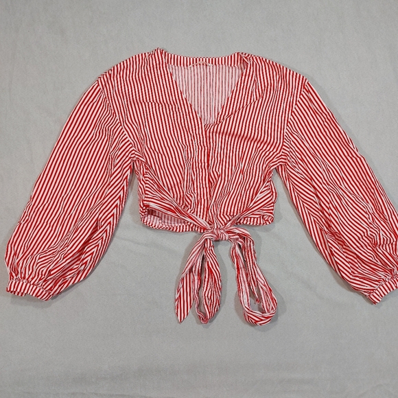 H&M Candy Stripe Red  White Cotton Tie Up Long Sleeve Blouse Top, Medium - Picture 4 of 14